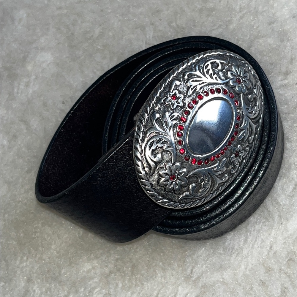 American Eagle Silver Floral Belt Buckle with Red Crystal Accents